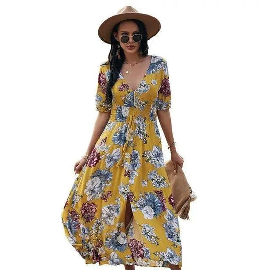 Fashion Casual Loose Party Short Sleeve Maxi Split Dress - Summer Dresses for Women