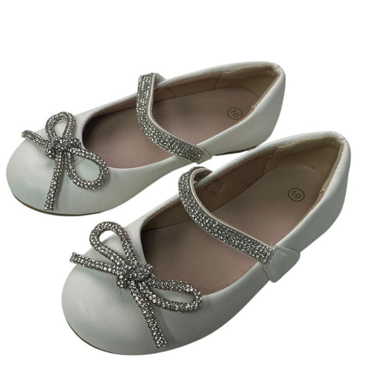 New Toddler Girls Size 10 White Mary Jane Silver Sparkle Bow Slide On Flat Shoes