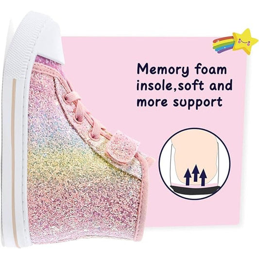 New KomForme Toddler Girl Size 8 Rainbow Glitter Hook Loop Canvas High Top Shoes