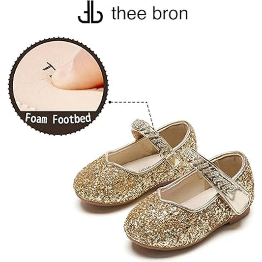 Thee Bron Toddler Girls Size 7 Gold Sequin Hook Loop Mary Jane Dress Up Shoes