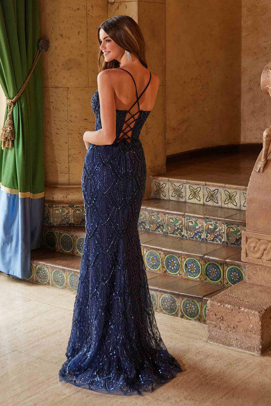 Nox Anabel C1616 Beaded Tulle Lace-Up Dress with Slit