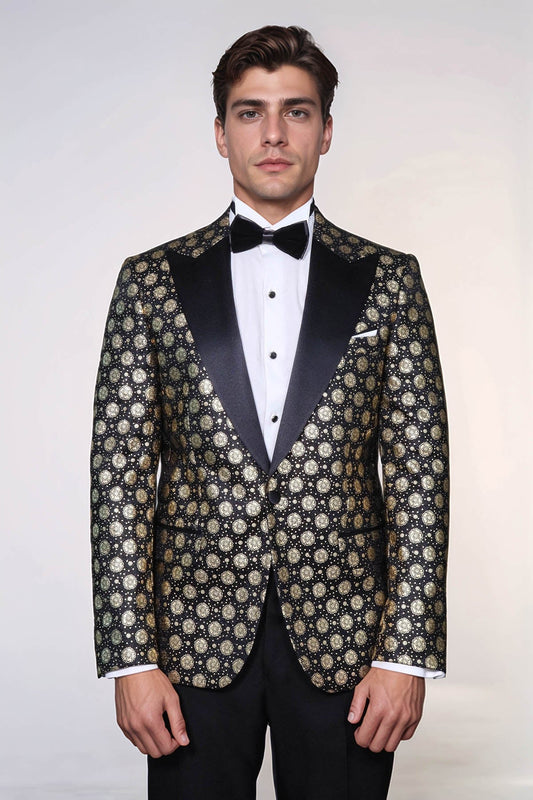 Floral Patterned Peak Lapel Black with Gold Embellished Dinner Jacket - Wessi