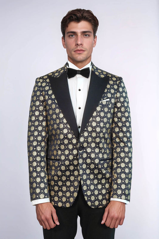 Floral Patterned Peak Lapel Navy Blue with Gold Embellished Dinner Jacket - Wessi