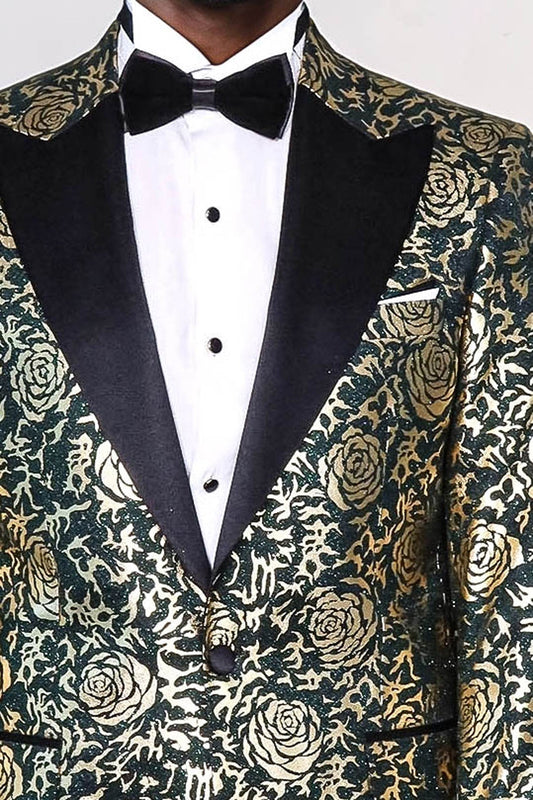 Gold Rose Patterned Slim Fit Green Men Singer Tuxedo Jacket - Wessi