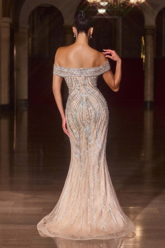 Ladivine CD674 Sculpted Silhouette Sparkling Sequin Soft Tulle Fitted Gown