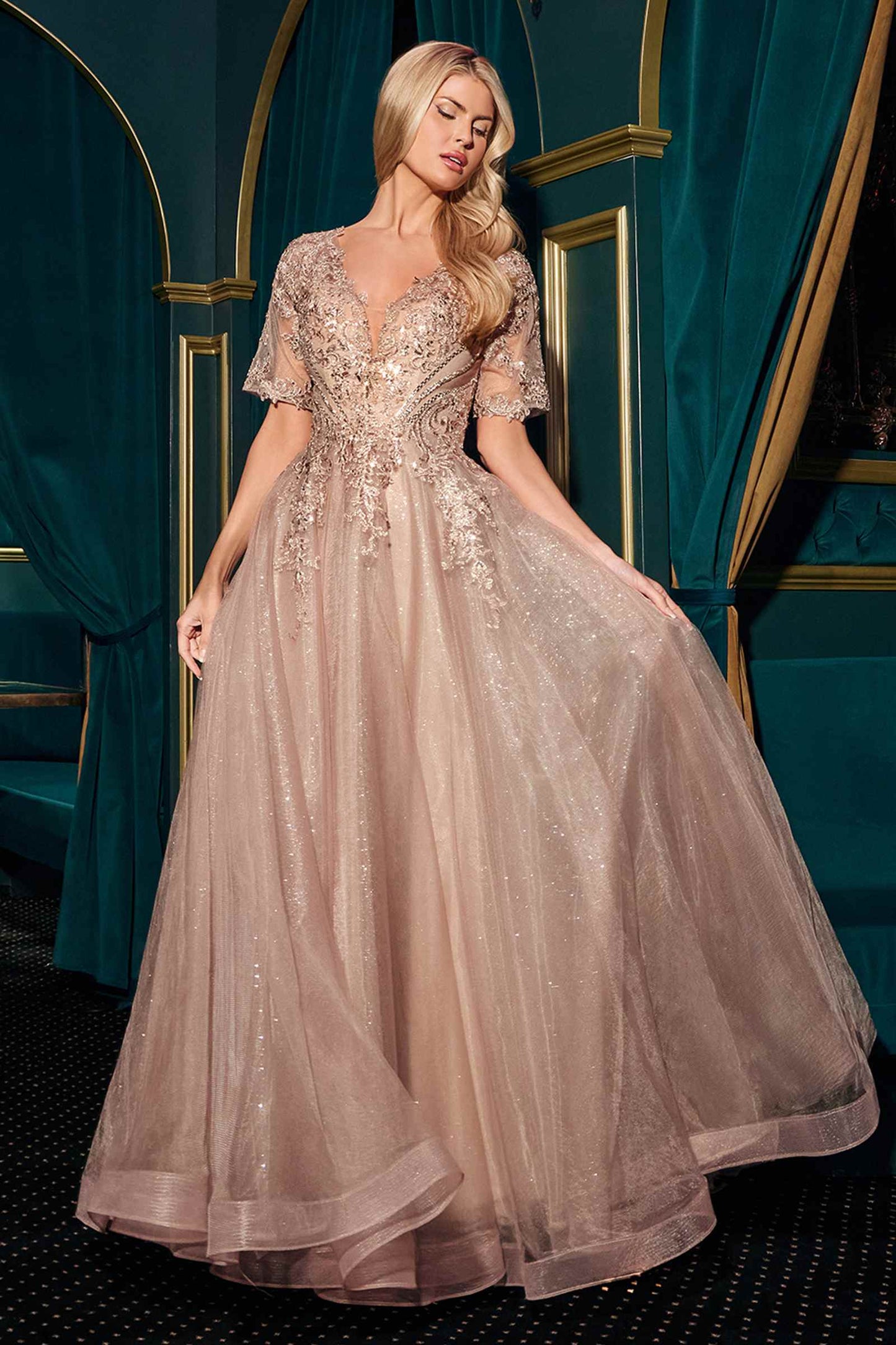 Ladivine CD726 Half Sleeve Mocha V-Neck A-Line Layered Glitter Gown