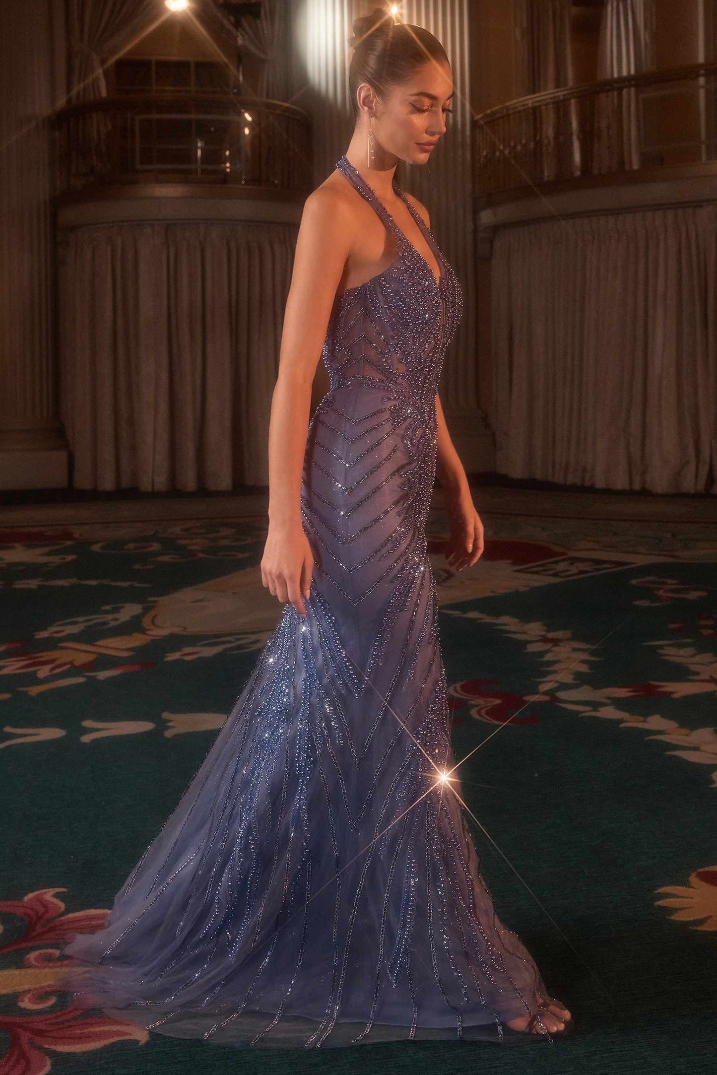 Ladivine CDS547 Fitted Halter Evening Gown Plunging Bodice