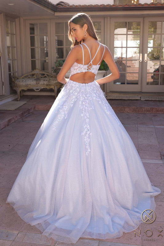 Nox Anabel H1357 Plunging Illusion Neckline Corset A-Line Ballgown
