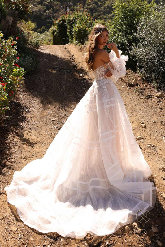 Nox Anabel JE1001L Long Puff Sleeve Strapless Corset A-Line Bridal Gown