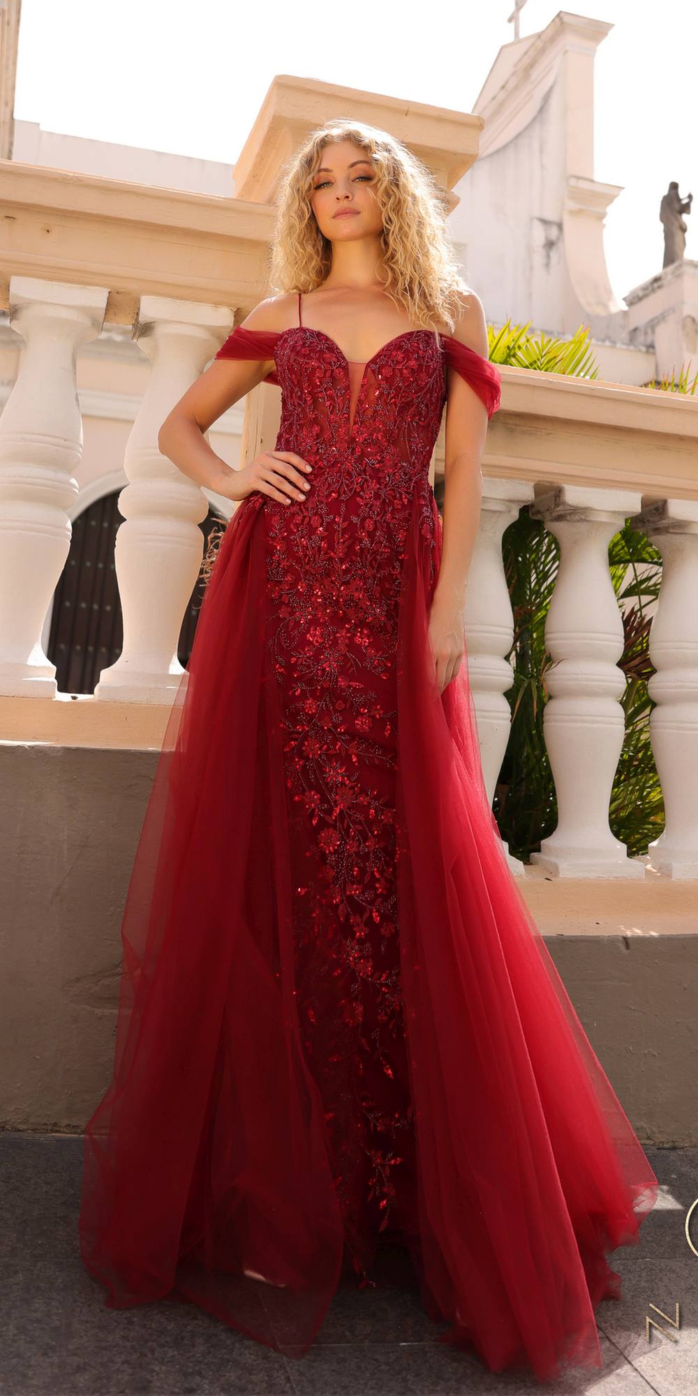 Nox Anabel L1362 Long Cold Shoulder Applique Tulle Overskirt Gown
