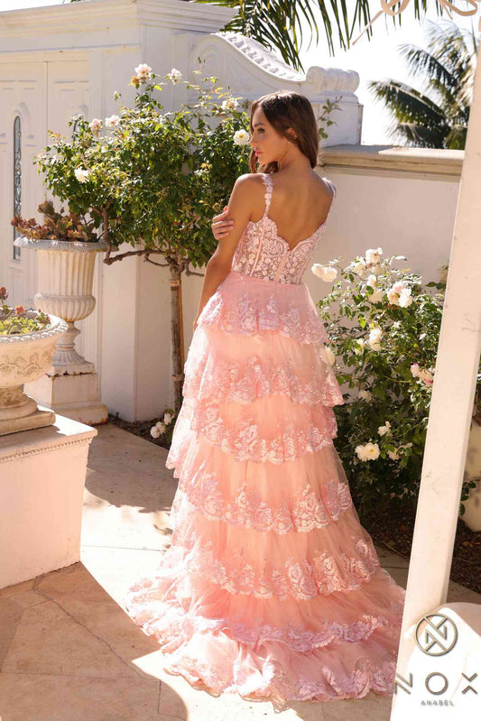 Nox Anabel R1299 Long Off the Shoulder Tiered Skirt A-Line Formal Gown