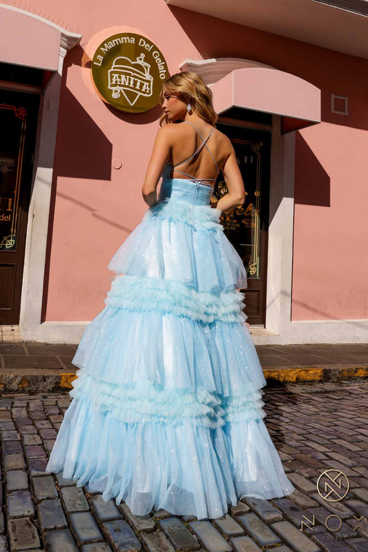 Nox Anabel R1316 Long Glitter Ruffled Tiered A-Line Sleeveless Gown