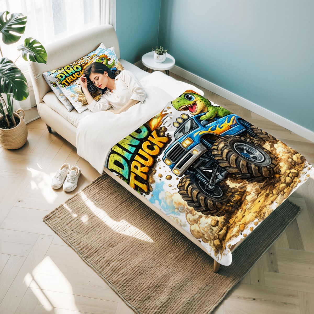 Dino Truck, Twin Duvet Cover Set 68"x86"