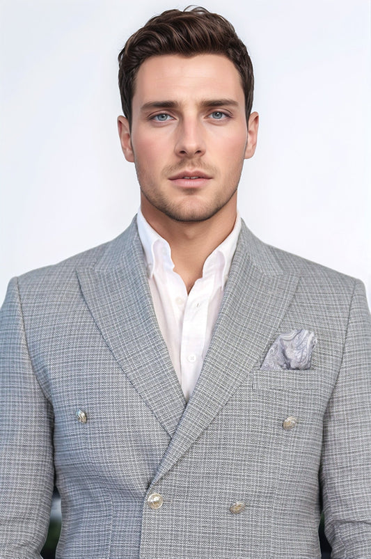 Black Micro-Check Slim Fit Double-Breasted Blazer with Silver Metal Buttons – Wessi