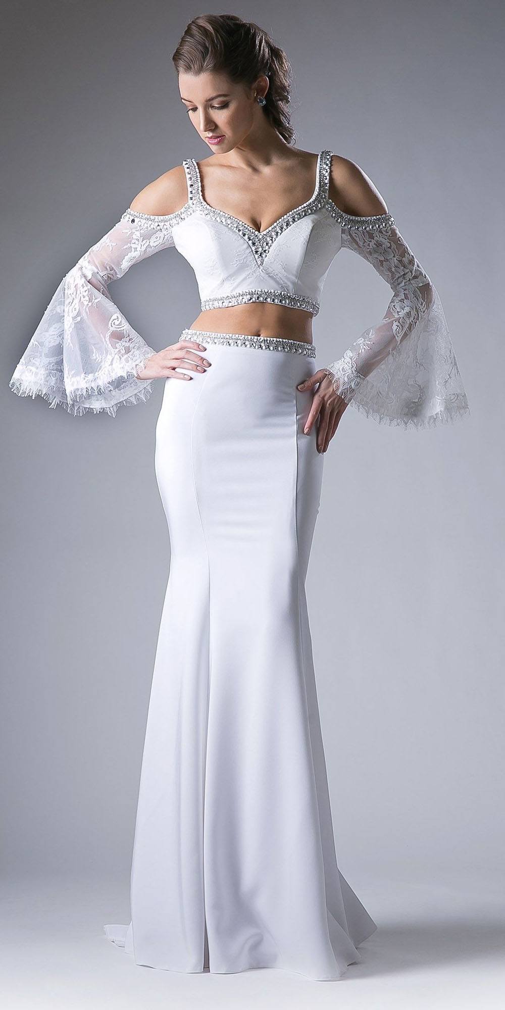 Cinderella Divine 13114 Two Piece Gown Cold Shoulder Trumpet Sleeves