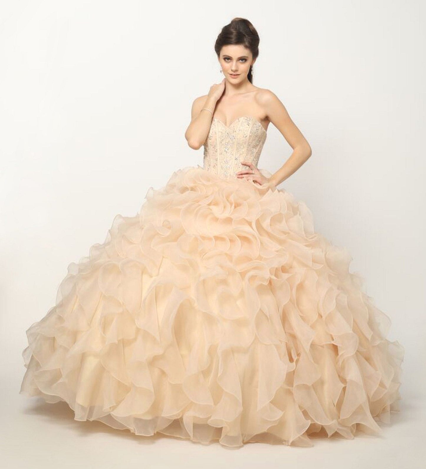 Juliet 1418 Cinderella Ball Gown Organza Ruffle Skirt Beaded Corset Bodice