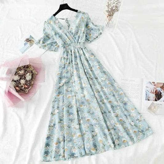 Summer Women Ruffled Short-sleeved Chiffon Dress V-neck High Waist Floral Print Beach Midi Dresses For Women