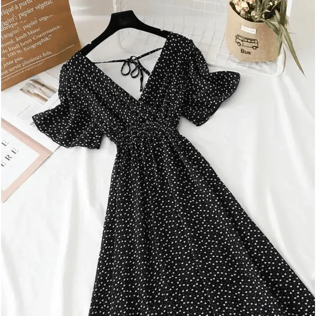 Summer Women Ruffled Short-sleeved Chiffon Dress V-neck High Waist Floral Print Beach Midi Dresses For Women