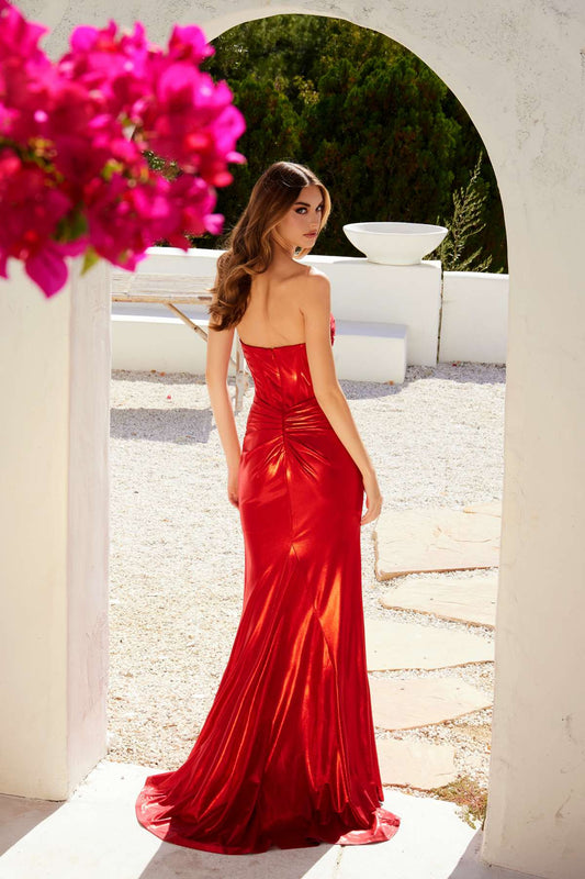 Juliet JT2578H Long Sweetheart Strapless Fitted Metallic Prom Gown