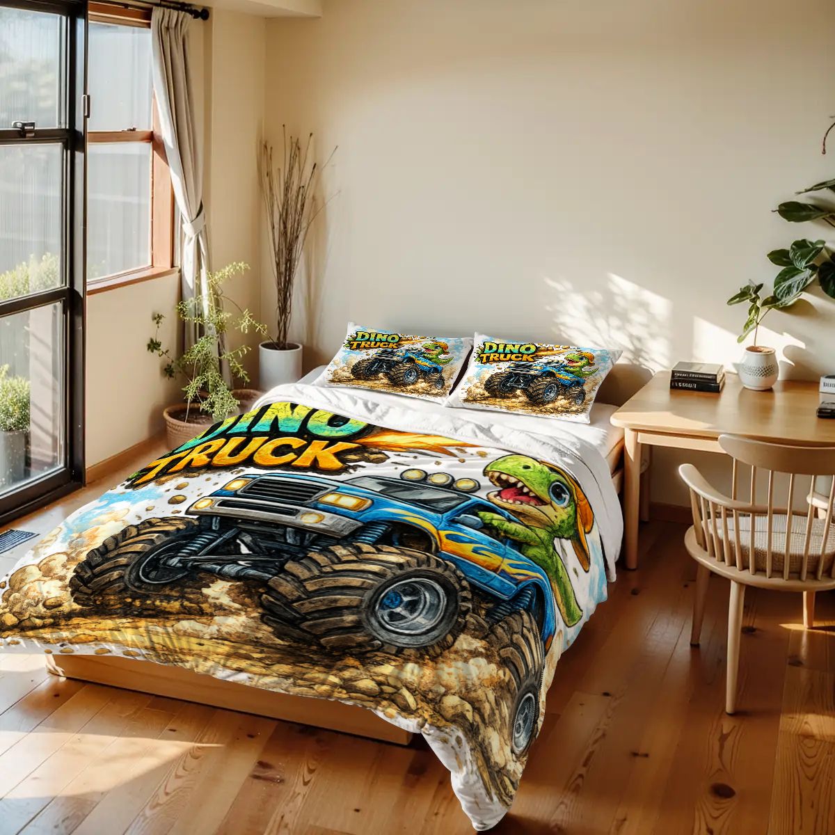 Dino Truck, Twin Duvet Cover Set 68"x86"