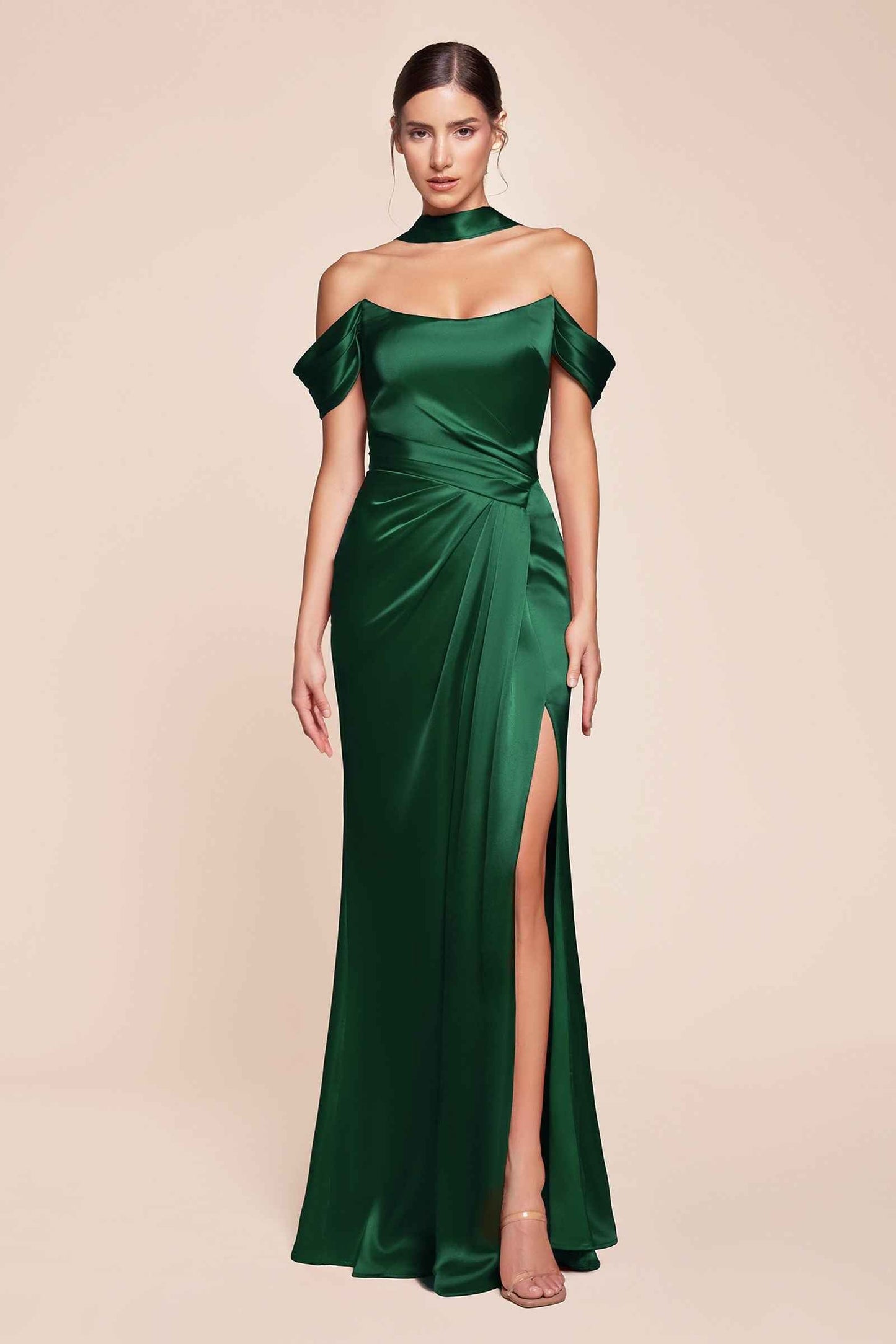 CLEARANCE - Ladivine 7452 Dress Off the Shoulder Sage Green Satin Gown (Size 10)