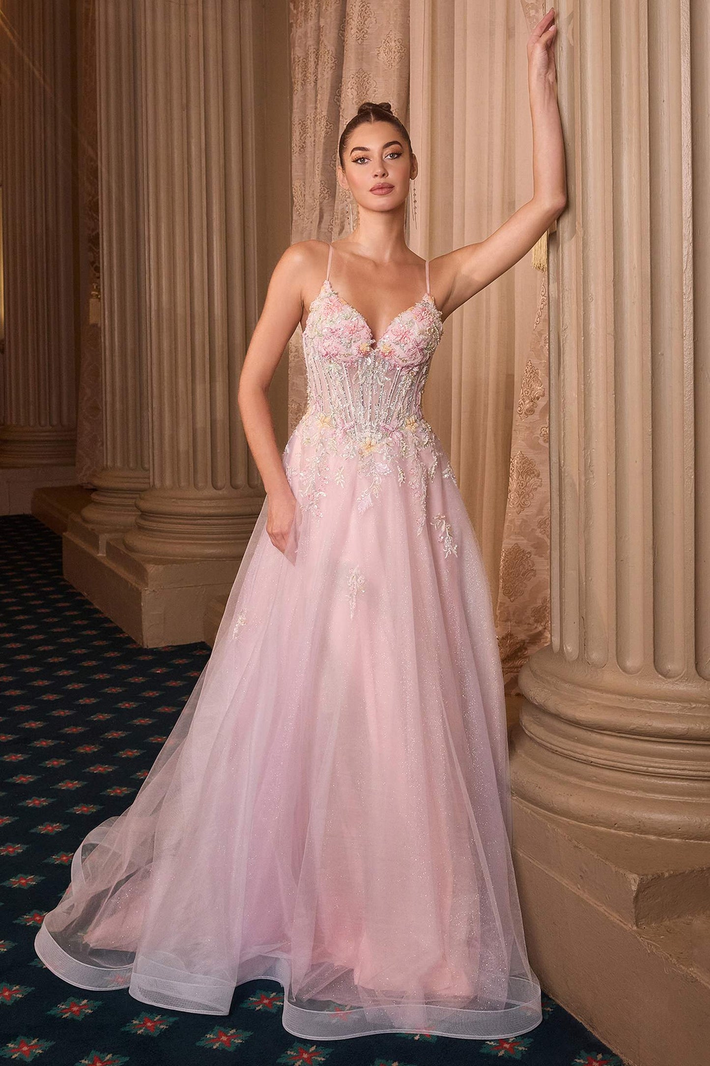 Andrea & Leo A1477 Deep V-Neck Floral Print Applique A-Line Ball Gown