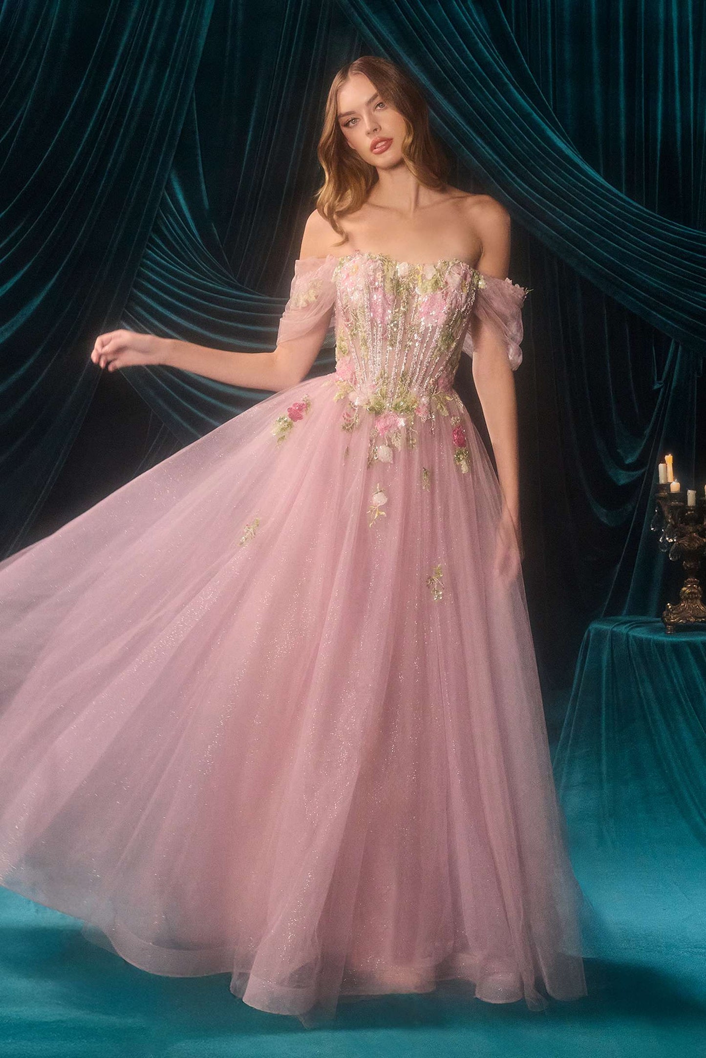 Andrea & Leo A1479 Long A-Line Off Shoulder 3D Floral Applique Gown