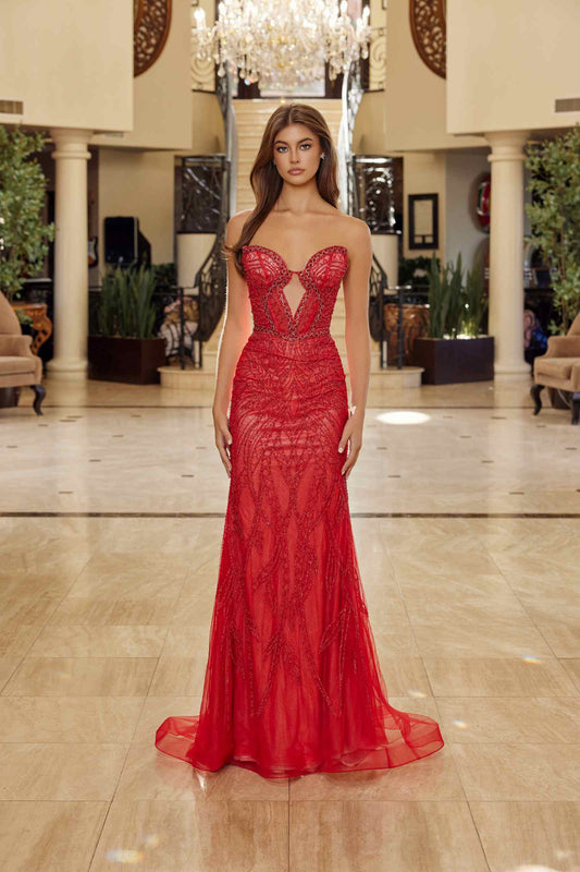 Nox Anabel C1848 Fitted Beaded Tulle Strapless Keyhole Bodice Prom Gown