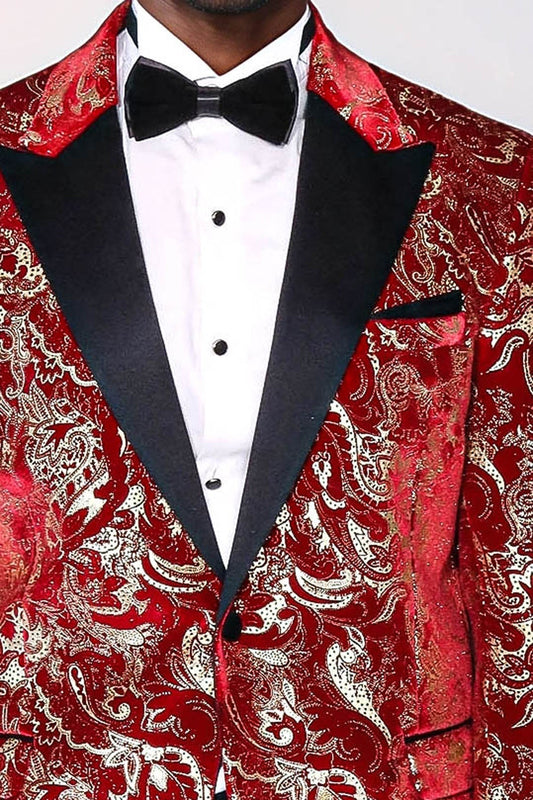 Gold Patterned Over Red Men Stage Tuxedo Blazer - Wessi