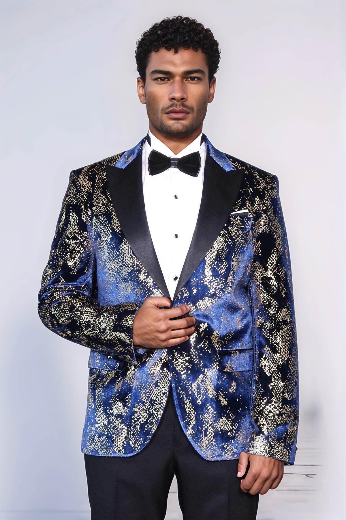 Peak Lapel Slim Fit Gold Patterned Navy Blue Men Party Blazer