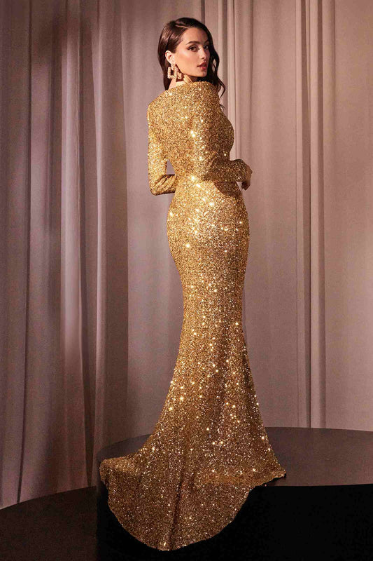 Ladivine CH054 Long Sleeve Sequin Fitted Dress