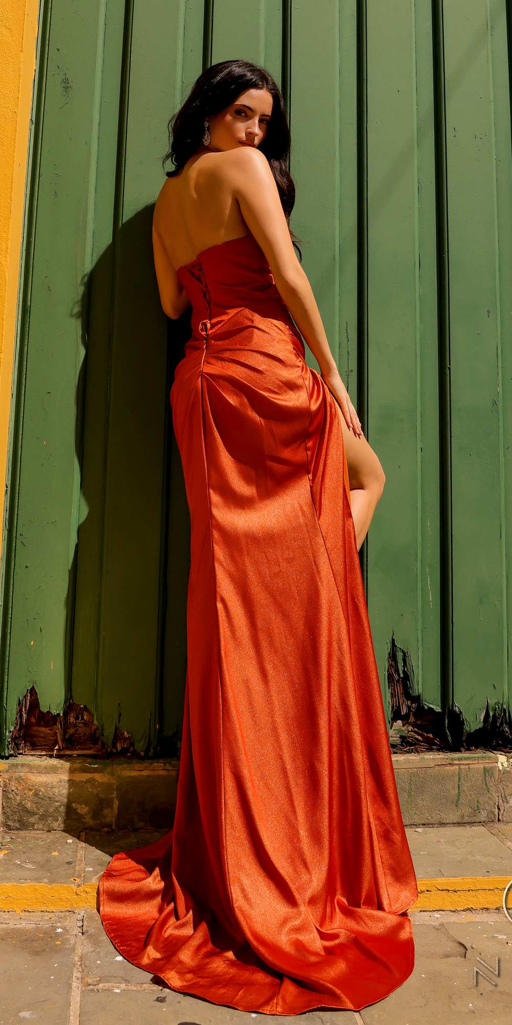 Nox Anabel F1380 Long Strapless Pointed V-Bodice Fitted Satin Gown