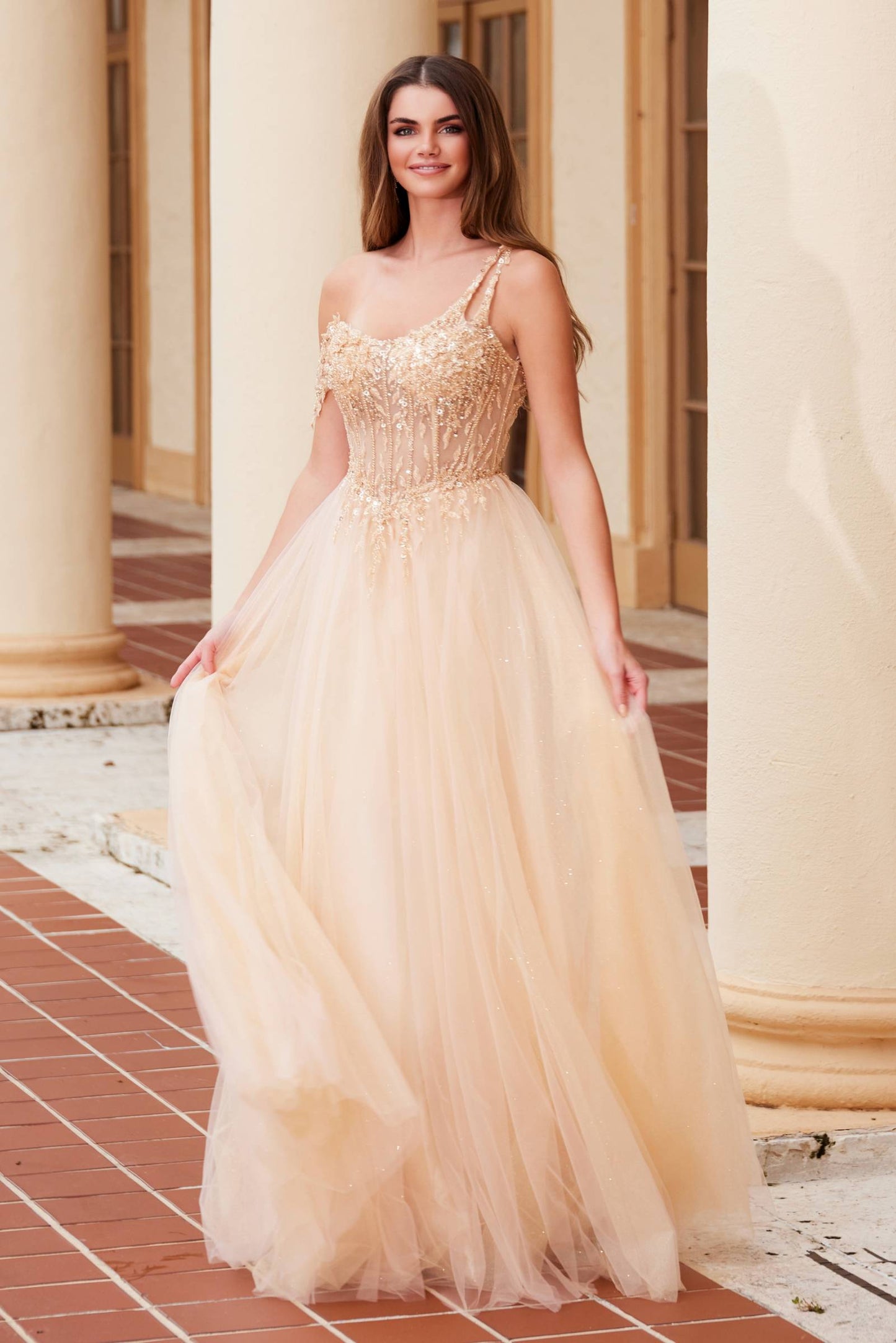 Nox Anabel F1567 Embroidered A-Line Sheer Boned Waistline Dress