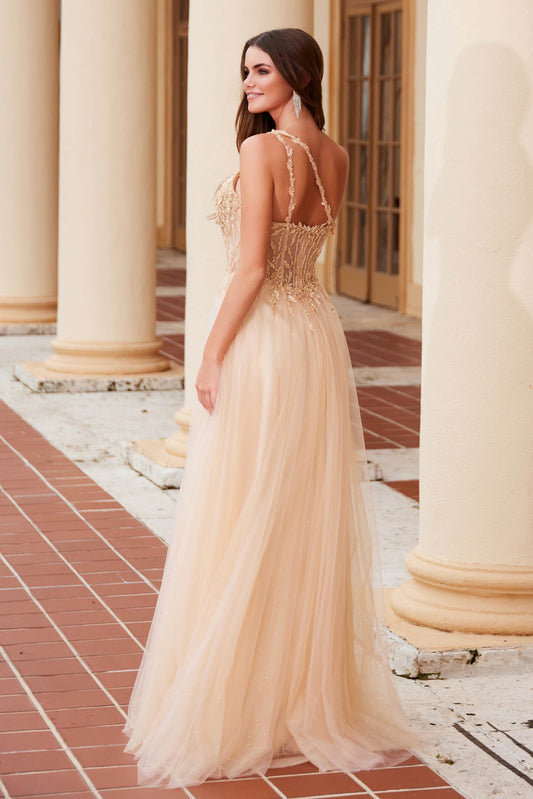Nox Anabel F1567 Embroidered A-Line Sheer Boned Waistline Dress