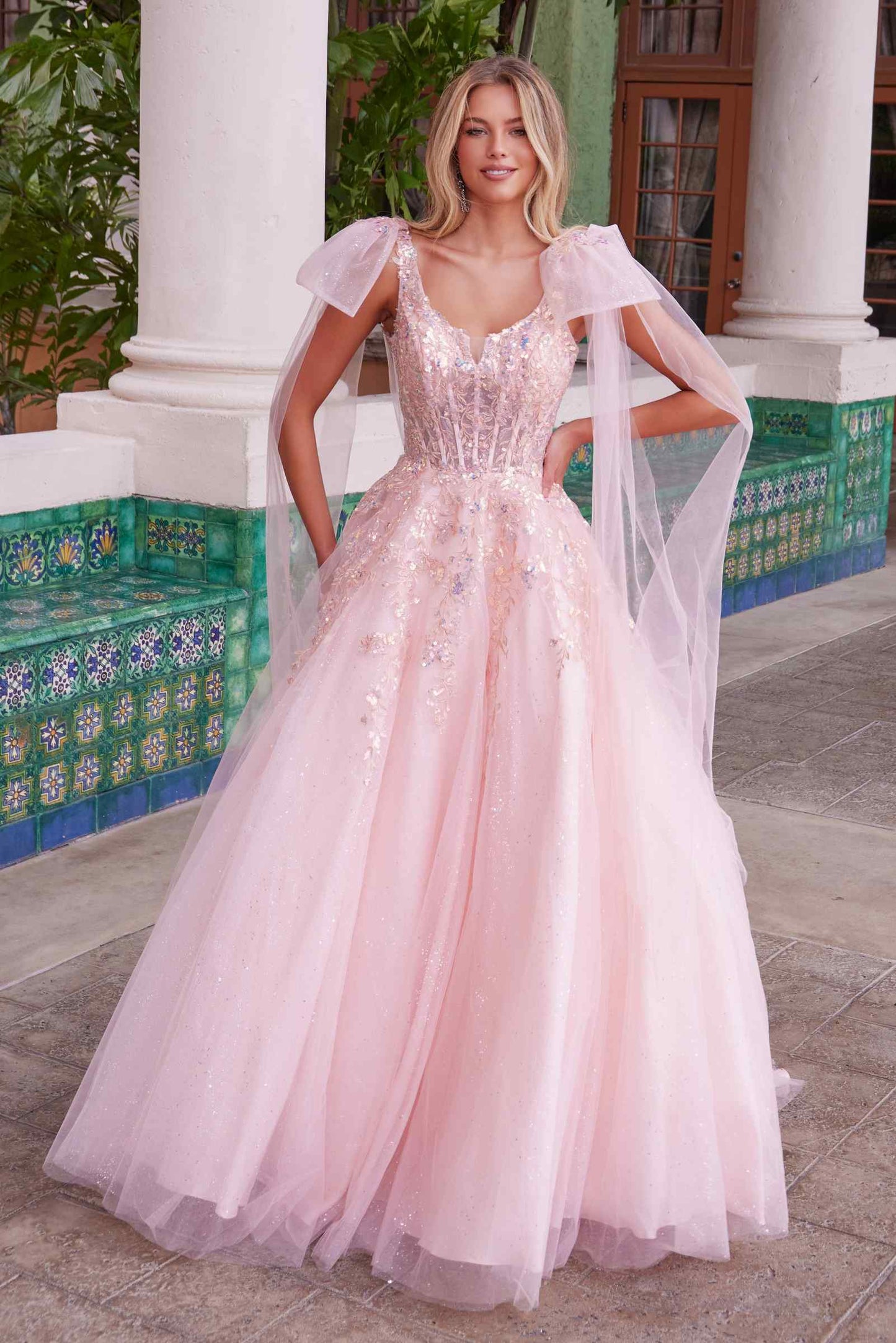 Nox Anabel H1680 Draped Tie-Up Straps Applique Tulle Dress