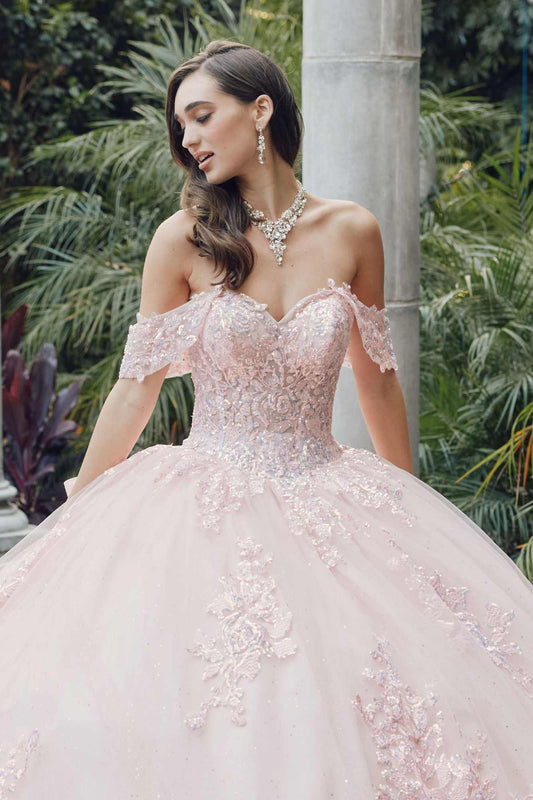Juliet JT1458J Off the Shoulder Draped Sleeve Cathedral Train Quince Dress