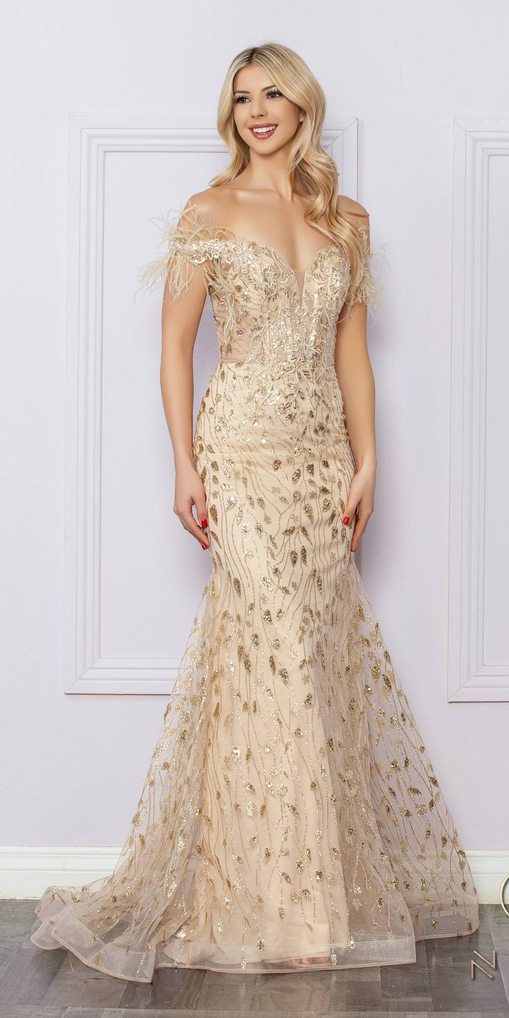 Nox Anabel L1255 Long Embroidered Glitter Applique Fitted Gown