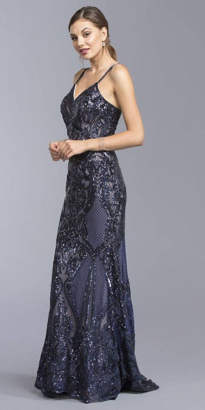 CLEARANCE - Aspeed L1982 Long Sequins Navy Blue Evening Gown V-Neck (Size XS)
