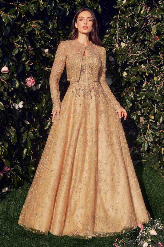 Andrea & Leo MA104 Strapless Embroidered Ball Gown With Removable Jacket