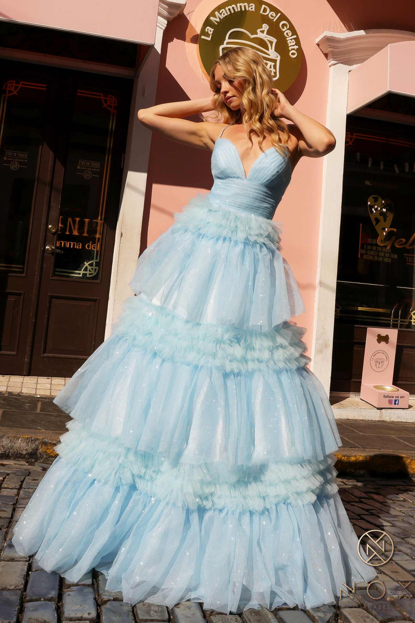 Nox Anabel R1316 Long Glitter Ruffled Tiered A-Line Sleeveless Gown