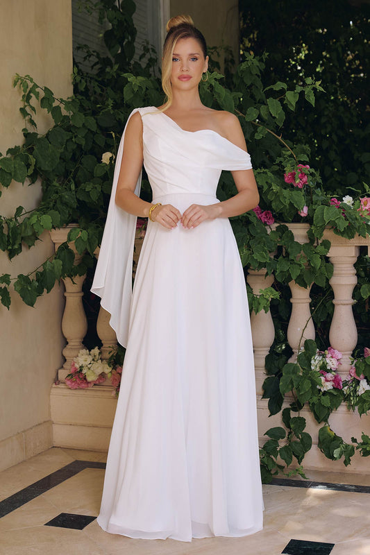 Amoris T716W One Shoulder Chiffon A-Line Off White Evening Dress