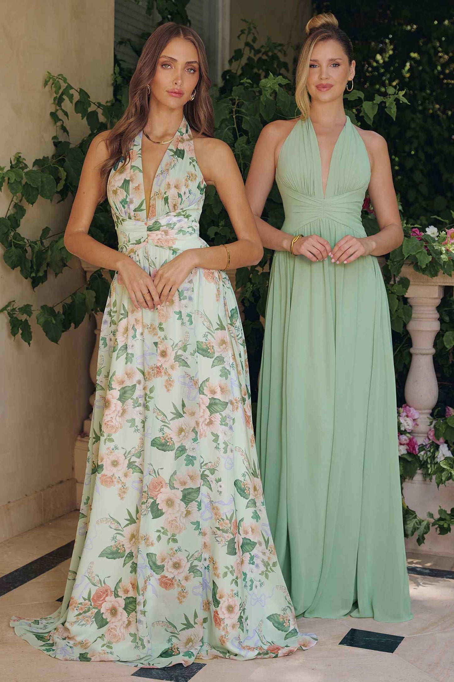 Amoris T719 Floral Printed A-Line Plunging Neckline Gown