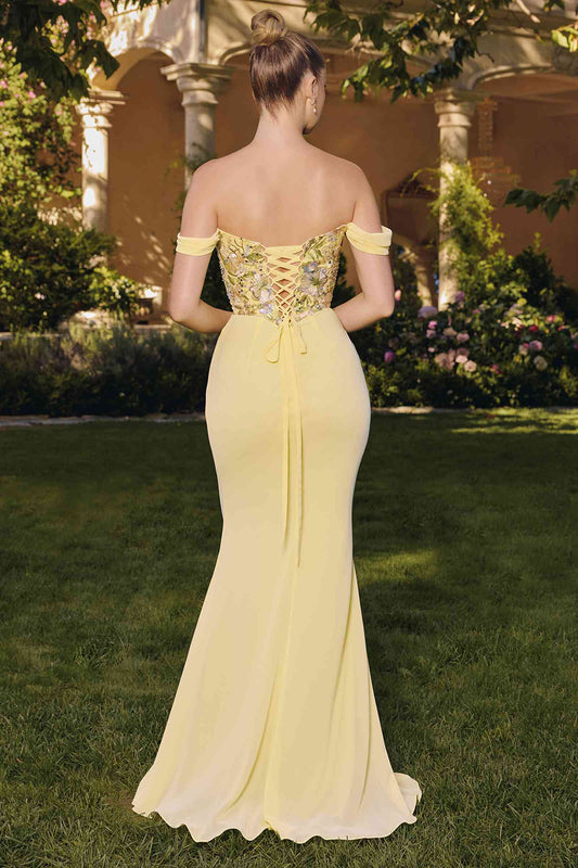 Amoris T721 Off the Shoulder Chiffon Fitted Mermaid Gown