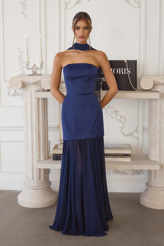 Amoris T825 Strapless Satin Bodice Pleated Chiffon Skirt Fitted Dress