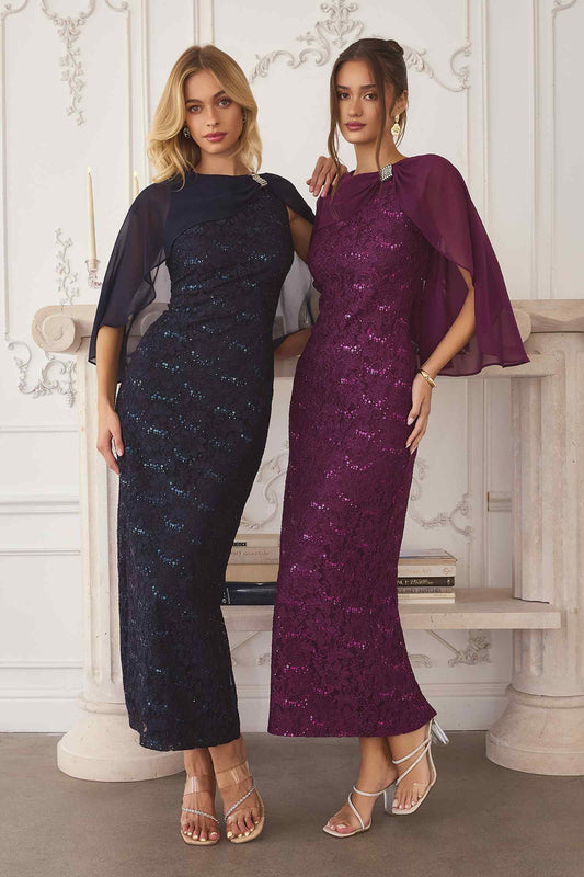 Amoris T906 Sequin Lace Gown Detachable Sheer Cape Overlay
