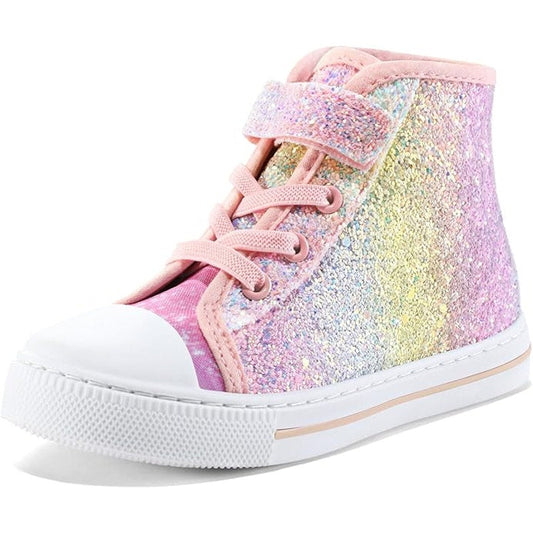 New KomForme Toddler Girl Size 8 Rainbow Glitter Hook Loop Canvas High Top Shoes
