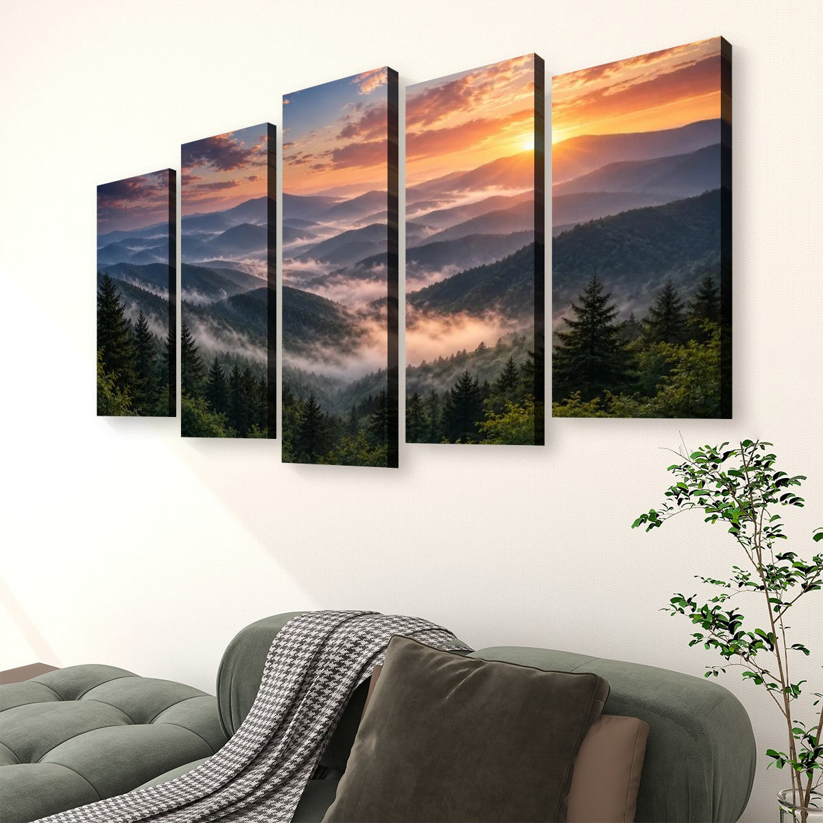 Smokey Mountains, 5 Panel Canvas Prints Wall Art (Set C)