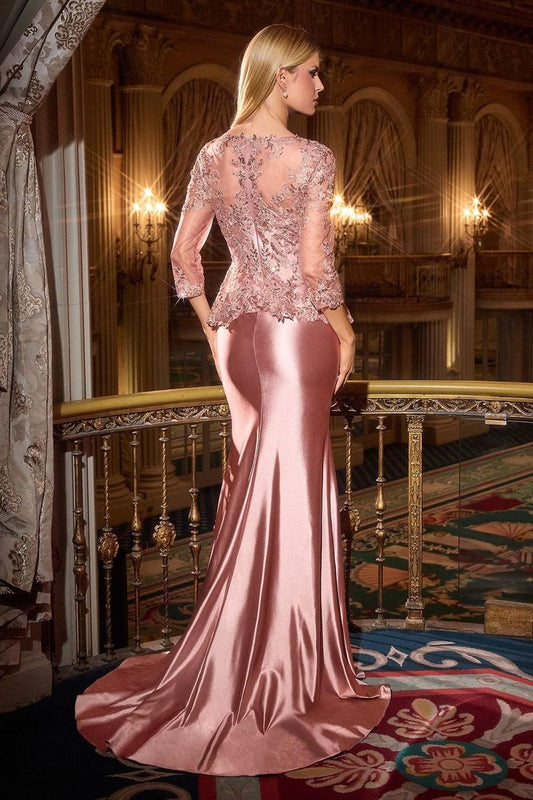 Ladivine CD720 Long Satin 3/4 Sleeve Peplum Bodice Evening Gown