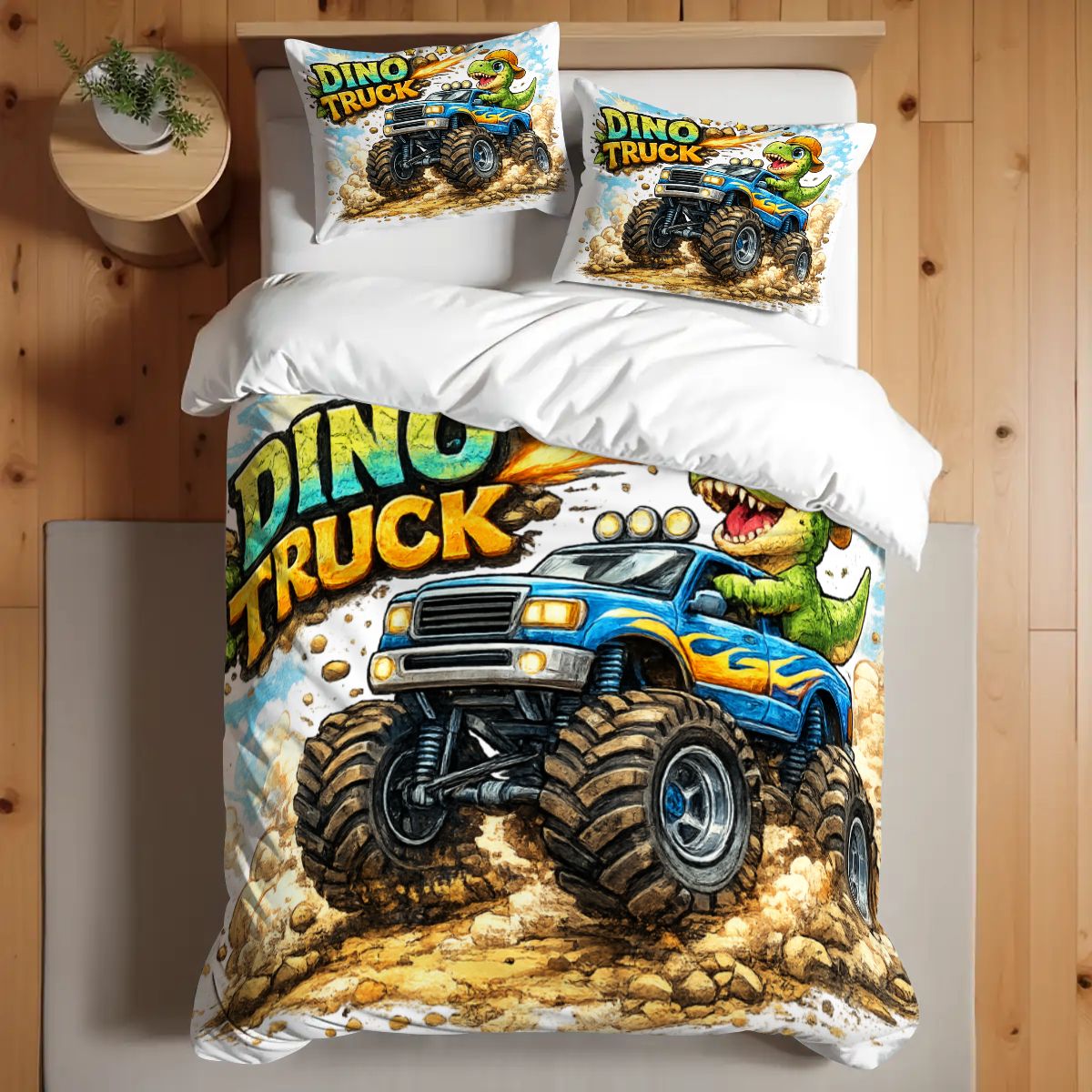Dino Truck, Twin Duvet Cover Set 68"x86"