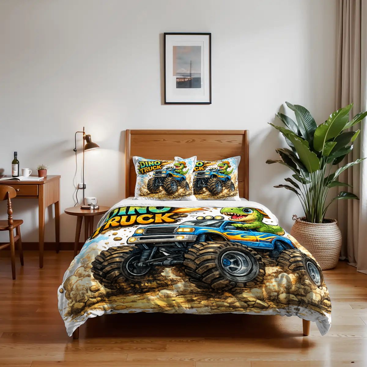 Dino Truck, Twin Duvet Cover Set 68"x86"